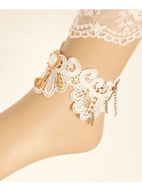 Fashion Handmade Retro White Lace Flower Pearl Female Rose Gold Leaf Female Anklet