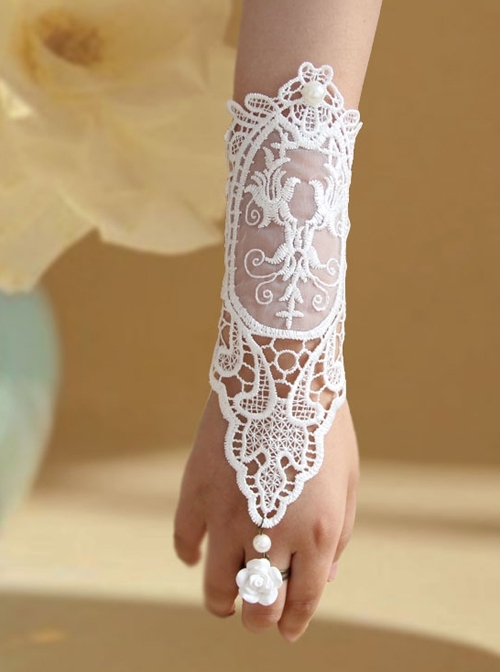 Bride Fashion Retro White Pearl Lace Flower Long Wedding Dress With Ring Female Gloves Bracelet