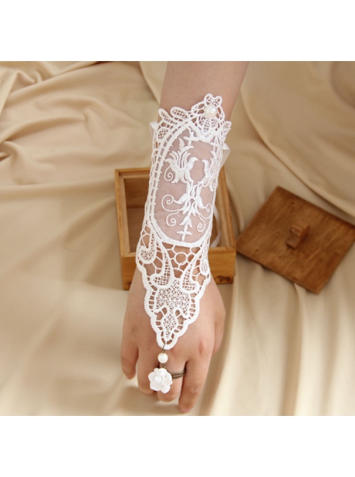 Bride Fashion Retro White Pearl Lace Flower Long Wedding Dress With Ring Female Gloves Bracelet