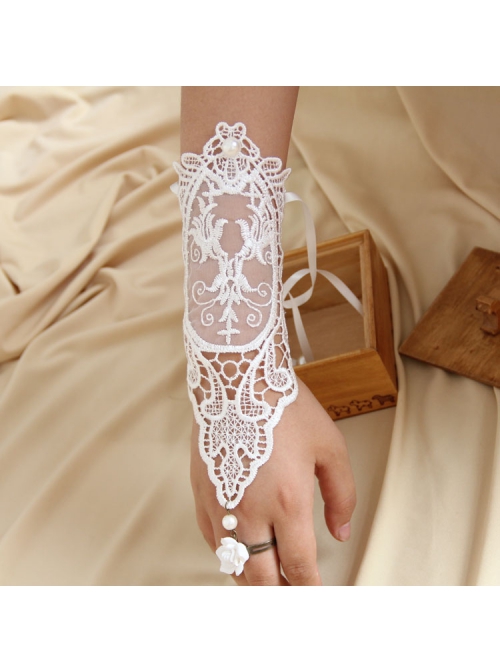 Bride Fashion Retro White Pearl Lace Flower Long Wedding Dress With Ring Female Gloves Bracelet