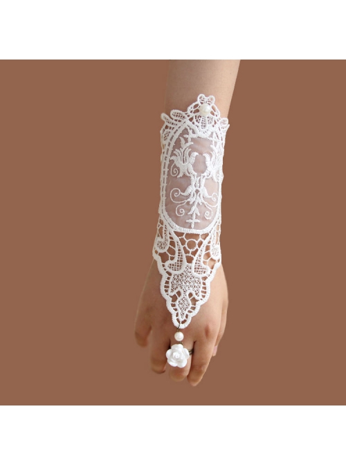 Bride Fashion Retro White Pearl Lace Flower Long Wedding Dress With Ring Female Gloves Bracelet