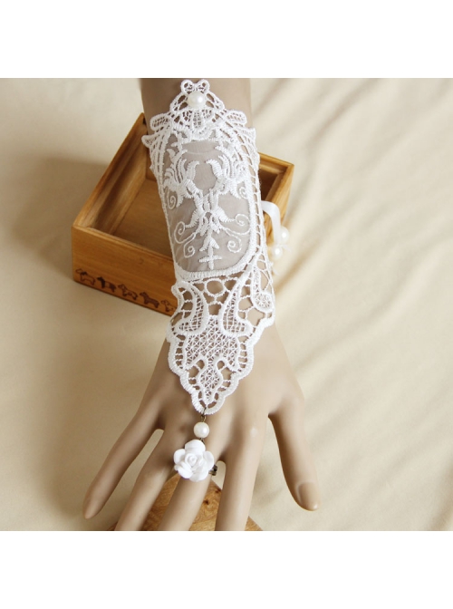 Bride Fashion Retro White Pearl Lace Flower Long Wedding Dress With Ring Female Gloves Bracelet