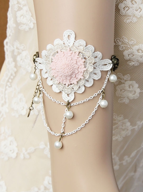 Retro Fashion White Pearl Lace Tassel Pink Flower Dancing Female Armband