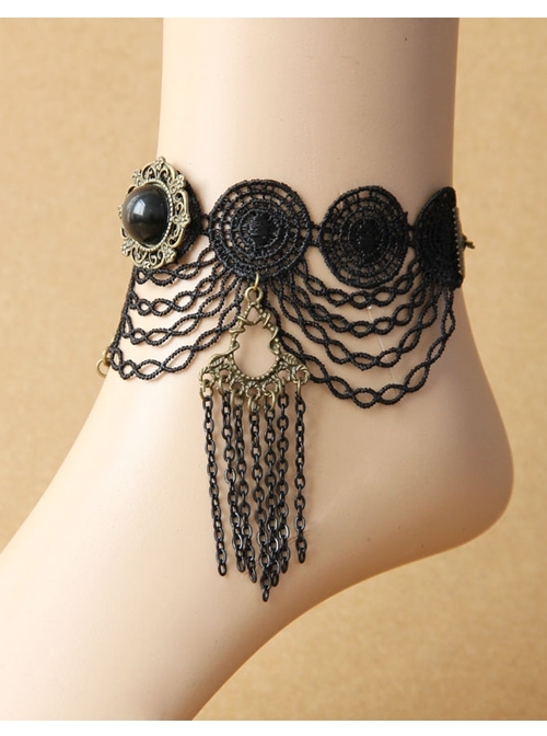 Retro Palace Fashion Black Tassel Gem Gothic Lace Female Anklet