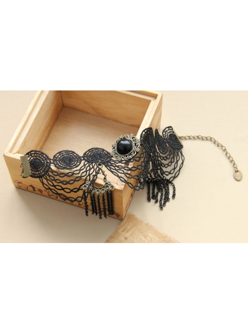 Retro Palace Fashion Black Tassel Gem Gothic Lace Female Anklet