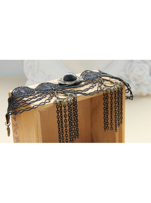 Retro Palace Fashion Black Tassel Gem Gothic Lace Female Anklet