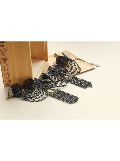 Retro Palace Fashion Black Tassel Gem Gothic Lace Female Anklet