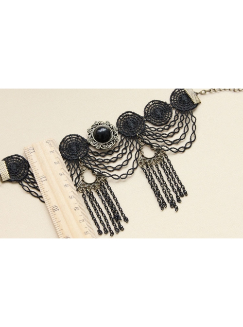 Retro Palace Fashion Black Tassel Gem Gothic Lace Female Anklet