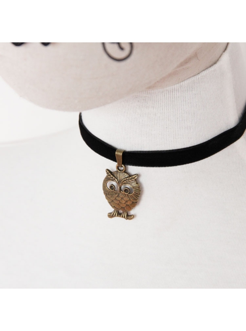 Retro Simple Bronze Owl Black Velvet Rope Fashion Female Short Necklace