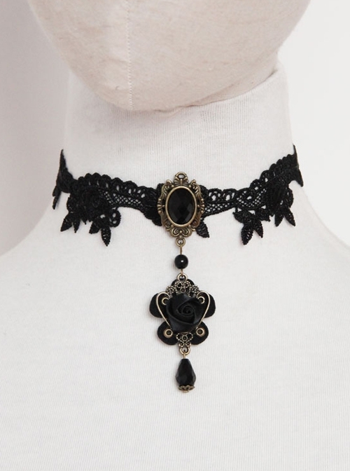 Fashion All-Match Gothic Retro Black Rose Flower Pendant Lace Female Choker