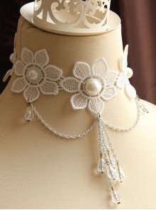 Bride Wedding Fashion White Lace Flower Crystal Tassel Female Necklace