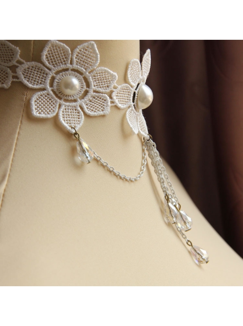 Bride Wedding Fashion White Lace Flower Crystal Tassel Female Necklace