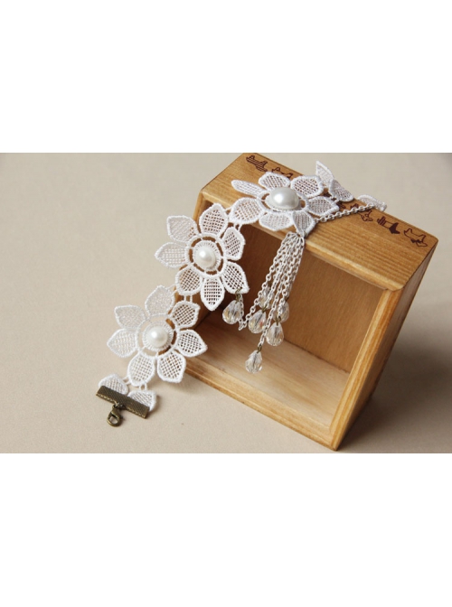 Bride Wedding Fashion White Lace Flower Crystal Tassel Female Necklace