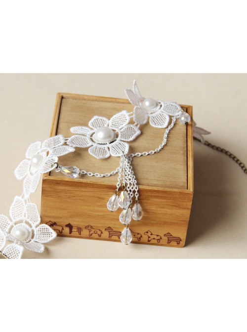 Bride Wedding Fashion White Lace Flower Crystal Tassel Female Necklace