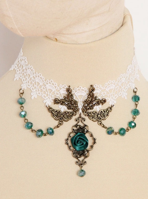 Fashion Fashion Retro Personality White Lace Dark Green Rose Flower Crystal Female Short Necklace