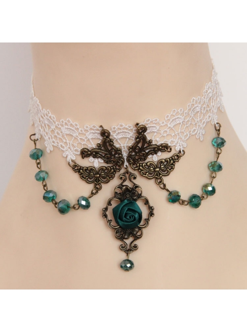 Fashion Fashion Retro Personality White Lace Dark Green Rose Flower Crystal Female Short Necklace