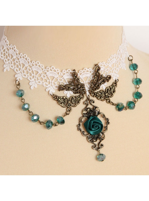 Fashion Fashion Retro Personality White Lace Dark Green Rose Flower Crystal Female Short Necklace