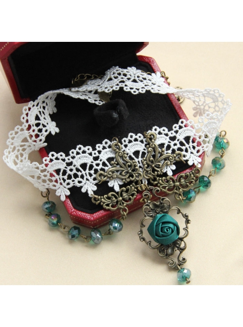 Fashion Fashion Retro Personality White Lace Dark Green Rose Flower Crystal Female Short Necklace