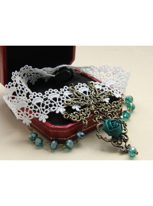 Fashion Fashion Retro Personality White Lace Dark Green Rose Flower Crystal Female Short Necklace