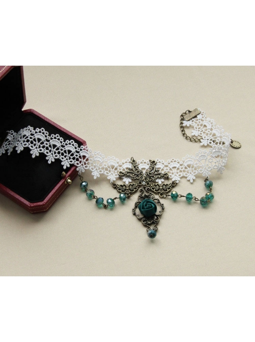 Fashion Fashion Retro Personality White Lace Dark Green Rose Flower Crystal Female Short Necklace