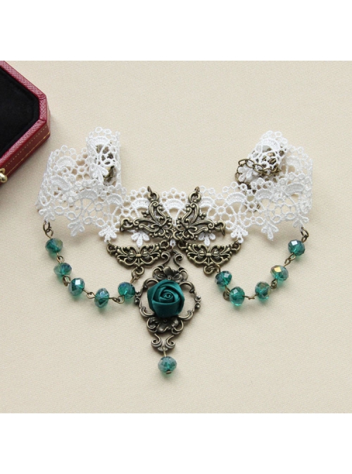 Fashion Fashion Retro Personality White Lace Dark Green Rose Flower Crystal Female Short Necklace