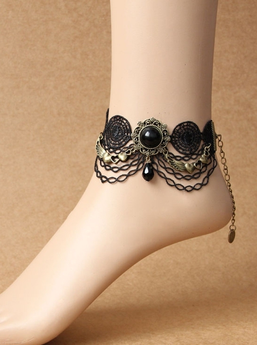 Retro Fashion Punk Gothic Black Lace Resin Drill Tassel Female Anklet