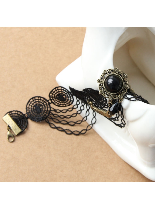 Retro Fashion Punk Gothic Black Lace Resin Drill Tassel Female Anklet