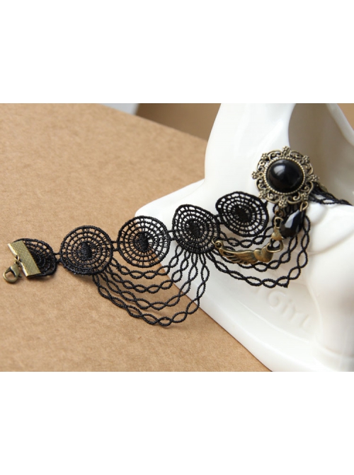 Retro Fashion Punk Gothic Black Lace Resin Drill Tassel Female Anklet