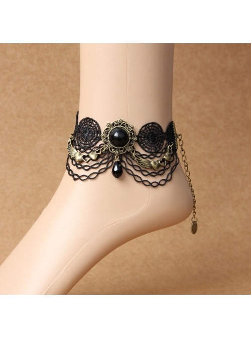 Retro Fashion Punk Gothic Black Lace Resin Drill Tassel Female Anklet