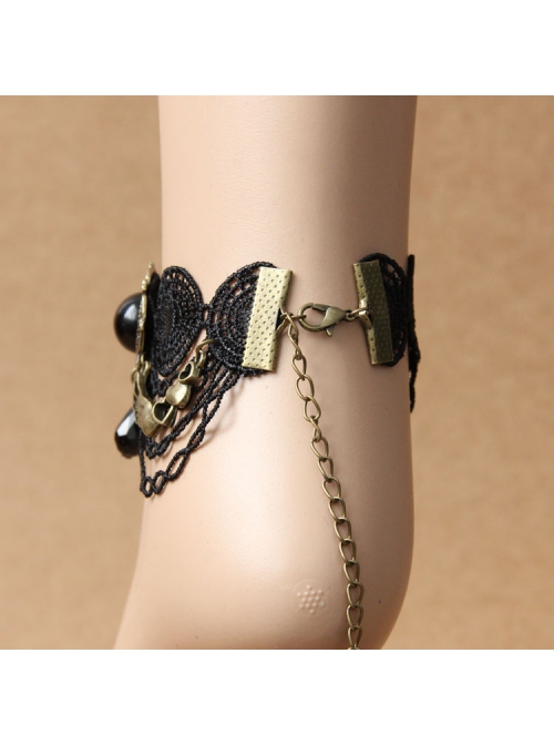 Retro Fashion Punk Gothic Black Lace Resin Drill Tassel Female Anklet
