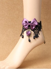 Handmade Retro Gothic Palace Purple Rose Flower Bow Black Lace Pearl Female Anklet