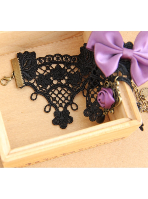 Handmade Retro Gothic Palace Purple Rose Flower Bow Black Lace Pearl Female Anklet