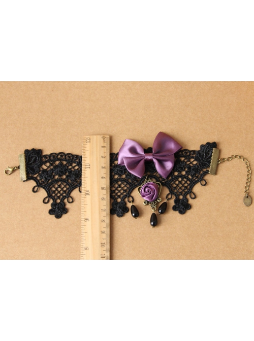 Handmade Retro Gothic Palace Purple Rose Flower Bow Black Lace Pearl Female Anklet