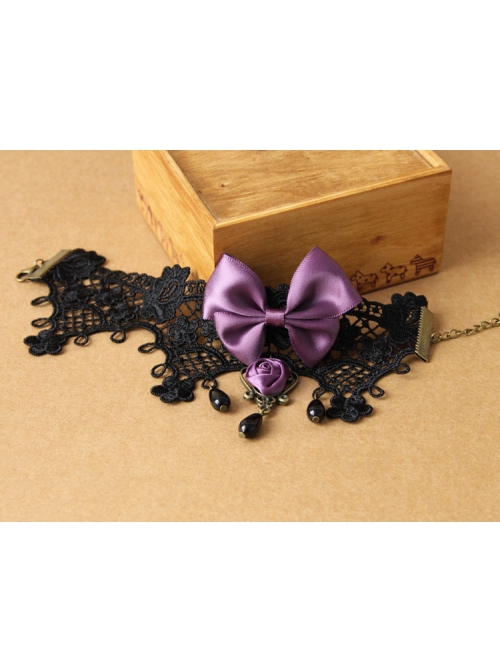 Handmade Retro Gothic Palace Purple Rose Flower Bow Black Lace Pearl Female Anklet