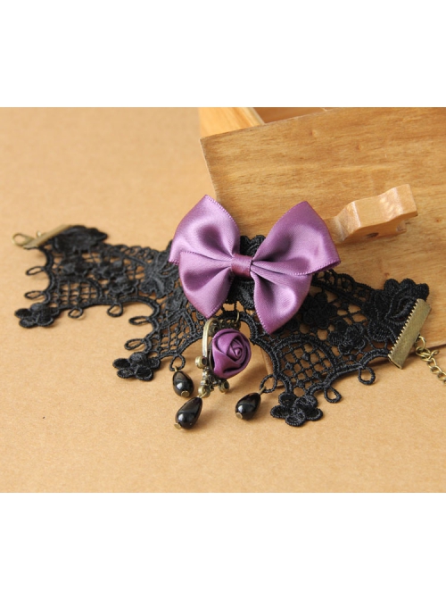 Handmade Retro Gothic Palace Purple Rose Flower Bow Black Lace Pearl Female Anklet