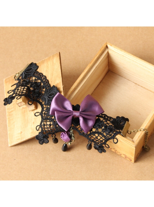 Handmade Retro Gothic Palace Purple Rose Flower Bow Black Lace Pearl Female Anklet