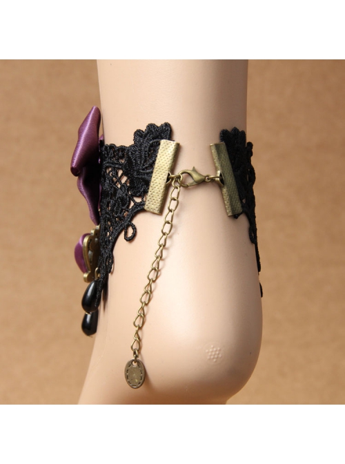 Handmade Retro Gothic Palace Purple Rose Flower Bow Black Lace Pearl Female Anklet