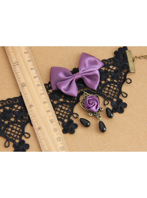 Handmade Retro Gothic Palace Purple Rose Flower Bow Black Lace Pearl Female Anklet