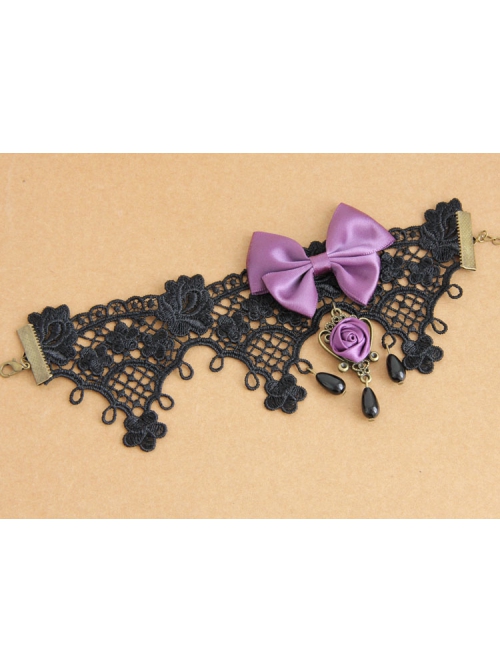Handmade Retro Gothic Palace Purple Rose Flower Bow Black Lace Pearl Female Anklet