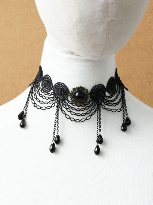 Gothic Fashion Retro All-Match Personality Female Black Lace Fringe Drop Diamond Choker