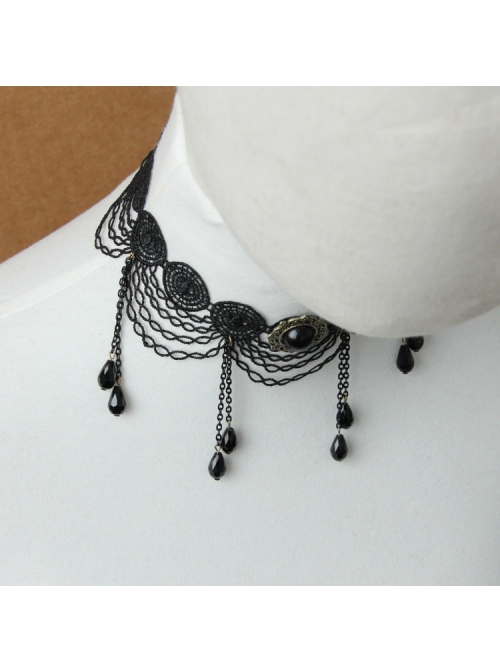 Gothic Fashion Retro All-Match Personality Female Black Lace Fringe Drop Diamond Choker