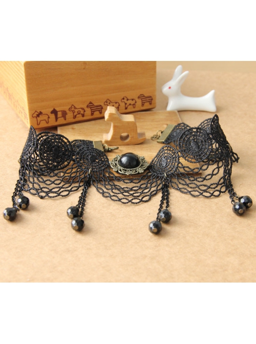 Gothic Fashion Retro All-Match Personality Female Black Lace Fringe Drop Diamond Choker
