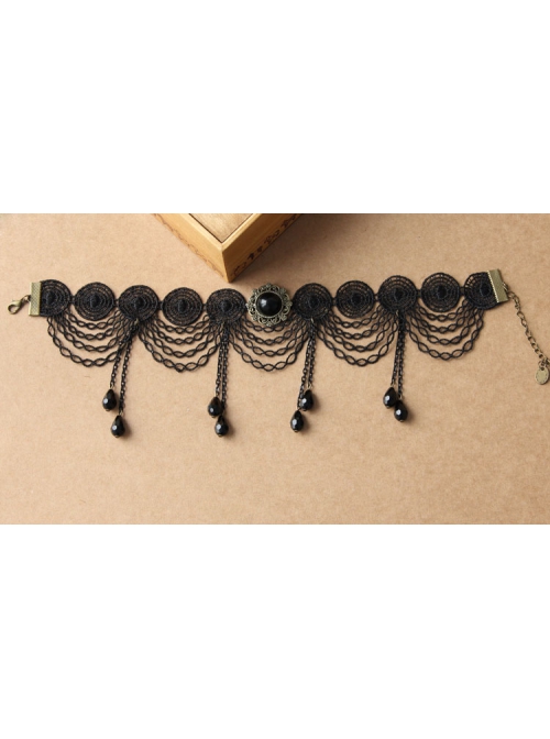 Gothic Fashion Retro All-Match Personality Female Black Lace Fringe Drop Diamond Choker