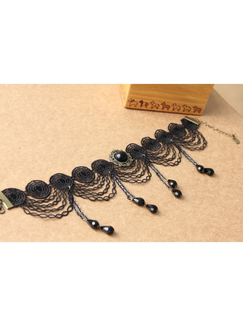 Gothic Fashion Retro All-Match Personality Female Black Lace Fringe Drop Diamond Choker