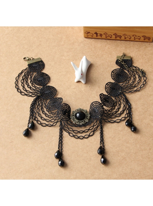 Gothic Fashion Retro All-Match Personality Female Black Lace Fringe Drop Diamond Choker