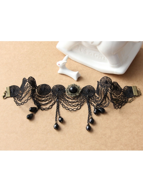 Gothic Fashion Retro All-Match Personality Female Black Lace Fringe Drop Diamond Choker