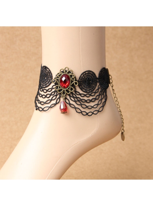Gothic Fashion Wild Red Crystal Pop Retro Black Lace Tassel Female Anklet