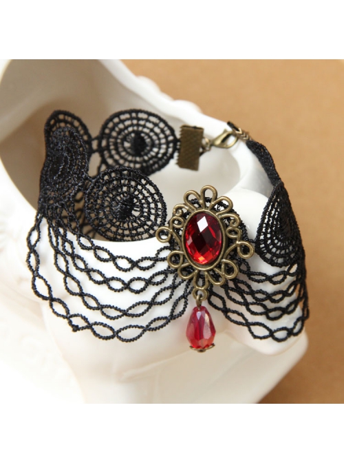 Gothic Fashion Wild Red Crystal Pop Retro Black Lace Tassel Female Anklet