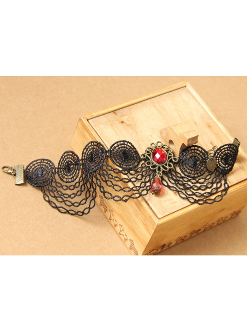 Gothic Fashion Wild Red Crystal Pop Retro Black Lace Tassel Female Anklet
