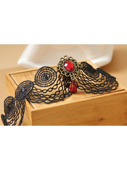 Gothic Fashion Wild Red Crystal Pop Retro Black Lace Tassel Female Anklet